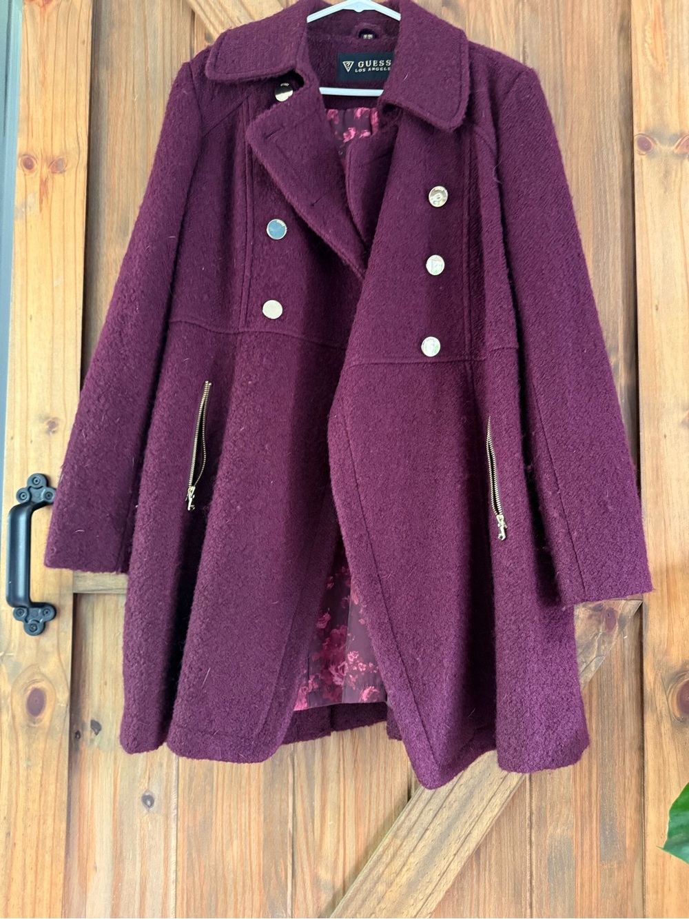 GUESS Women's Wine Double-Breasted Pea Coat